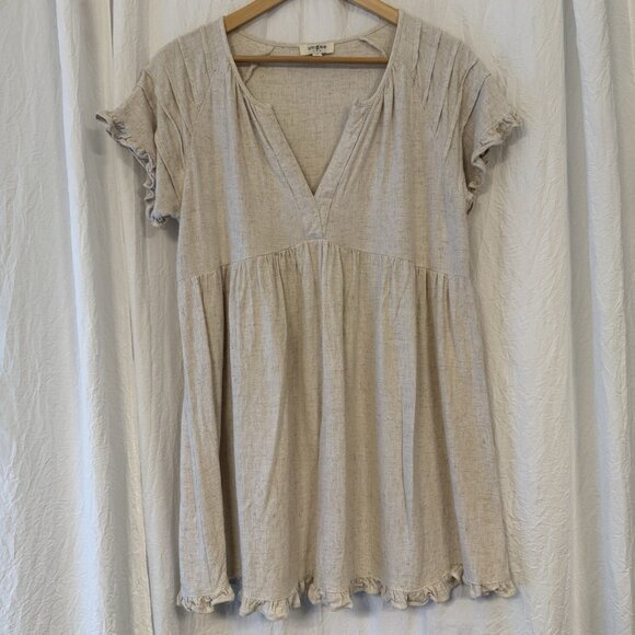 Umgee Linen A-Line Mini Dress Oatmeal Beige Ruffle Trim Size Medium - Picture 1 of 5